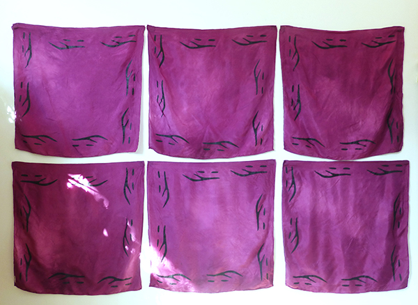 six cochineal-dyed black-printed silk squares